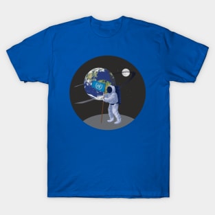 Spaceman placing flag on planet in our Galaxy, T-Shirt